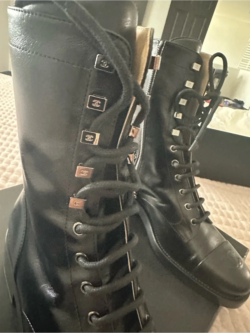 CHANEL Black Leather Lace-Up CC Combat Boots with Logo Toe